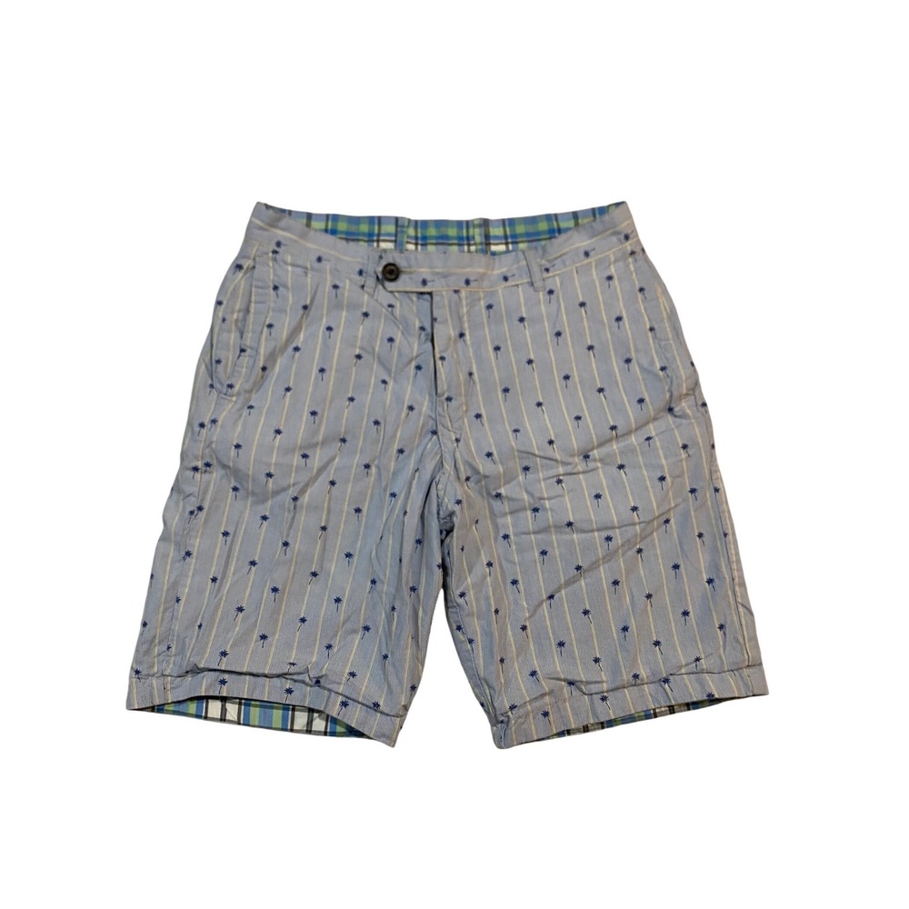 Tommy Bahama Mens 30 Reversible Shorts Blue Palm Tree Stripe Green Plaid Cotton